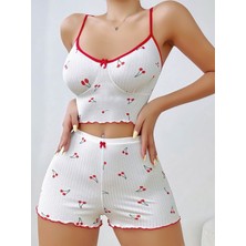 Bezos Kadın Vişne Desenli Dantel Askılı Şortlu Pijama Takımı 5193