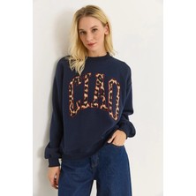 Juuuj Lacivert Pamuklu Karışım Bisiklet Yaka Düşük Omuz Leopar Baskılı Üç Iplik Sweatshirt