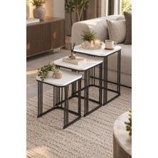 Sulorahome 3'lü Beyaz Kare Zigon Sehpa Seti Metal Ayaklı