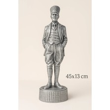 Eymen Hobi Tasarım Eymen Hobi Atatürk Gümüş Heykel 45X13 cm Dekoratif Biblo Metal Görünümlü Masa ve Raf Süsü
