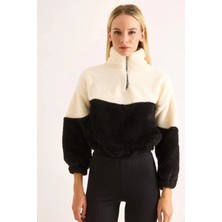 Juuuj Siyah Yumuşak Polar Beli ve Kolu Lastikli Fermuarlı Rahat Kalıp Sweatshirt