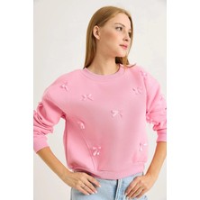 Juuuj Pembe Üç Iplik Şardonlu Kumaş Bisiklet Yaka Düşük Omuz Kurdele Detaylı Sweatshirt