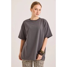 Juuuj Füme Pamuklu Bisiklet Yaka Kısa Kollu Oversize Basic Düşük Omuz Rahat Kesim Tişört