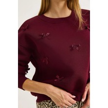Juuuj Bordo Üç Iplik Şardonlu Bisiklet Yaka Düşük Omuz Kurdele Detaylı Rahat Form Sweatshirt