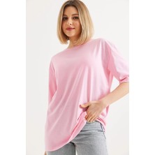 Juuuj Pembe Pamuklu Kumaş Bisiklet Yaka Kısa Kollu Oversize Basic Düz Kesim Rahat Form Tişört