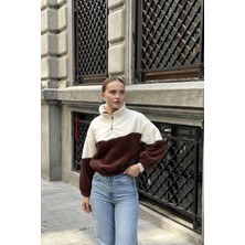 Juuuj Krem Welsoft Yumuşak Dokulu Pamuklu Yarım Fermuarlı Dik Yaka Uzun Kollu Sweatshirt