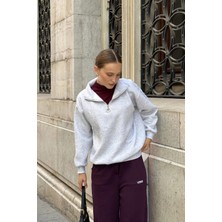Juuuj Gri Pamuklu Iki Iplik Kumaş Yarım Fermuarlı Dik Yaka Uzun Kollu Ribanalı Sweatshirt