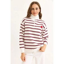 Juuuj Bordo Üç Iplik Dik Yaka Oversize Fermuarlı Çizgili Kalp Nakış Detaylı Sweatshirt