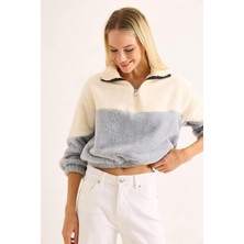 Juuuj Mavi Yumuşak Polar Dokulu Beli ve Kolu Lastikli Yarım Fermuarlı Rahat Kalıp Sweatshirt