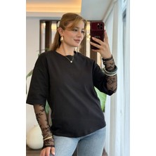 Juuuj Siyah Interlok Kumaş Dantel Kollu Bisiklet Yaka Oversize Geniş Kesim Örme Tişört