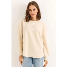 Juuuj Ekru Modal Kumaş Bisiklet Yaka Düşük Omuz Uzun Kollu Yazı Baskılı Salaş Sweatshirt