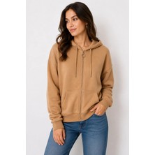 Juuuj Sütlü Kahve Pamuklu Kumaş Kapüşonlu Yaka Uzun Kollu Fermuar Detaylı Cepli Sweatshirt