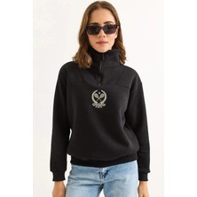 Juuuj Siyah Üç Iplik Kumaş Dik Yaka Fermuarlı Uzun Kollu Ribana Detaylı Roket Baskılı Sweatshirt