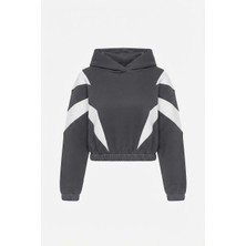 Juuuj Antrasit Pamuklu Kumaş Beli Lastikli Kapüşonlu Yaka Şerit Detaylı Rahat Kesim Sweatshirt