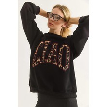 Juuuj Siyah Üç Iplik Kumaş Bisiklet Yaka Düşük Omuz Leopar Baskı Detaylı Uzun Kollu Sweatshirt
