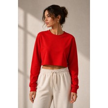 Juuuj Kırmızı Pamuklu Karışımlı Bisiklet Yaka Iki Iplik Uzun Kollu Crop Form Sweatshirt