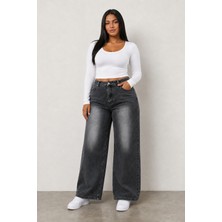 Shevega Kadın Büyük Beden Füme Işlemeli Arka Lastikli Boru Paça Kadın Jeans Pantolon