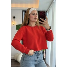 Juuuj Kırmızı Pamuklu Karışımlı Bisiklet Yaka Uzun Kollu Rahat Kesim Kısa Crop Sweatshirt