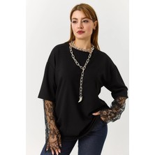 Juuuj Siyah Kolu Tül Detaylı Düşük Omuz Oversize Geniş Kesim Bisiklet Yaka Örme Tişört