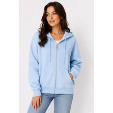 Juuuj Mavi Pamuklu Karışımlı Kapüşonlu Yaka Fermuar Detaylı Kanguru Cepli Rahat Form Sweatshirt