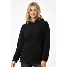 Juuuj Siyah Pamuklu Welsoft Doku Uzun Kollu Kapüşonlu Kanguru Cepli Rahat Kesim Sweatshirt