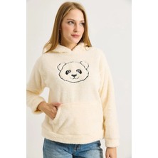Juuuj Ekru Pamuklu Peluş Dokulu Kapüşonlu Yaka Nakış Işlemeli Kanguru Cepli Sweatshirt