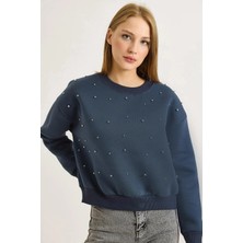 Juuuj Füme Üç Iplik Kumaş Bisiklet Yaka Rahat Kesim Gümüş Taş Işlemeli Ribanalı Sweatshirt