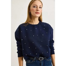 Juuuj Lacivert Üç Iplik Kumaş Bisiklet Yaka Düşük Omuz Taş Işlemeli Detaylı Sweatshirt
