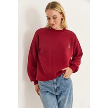 Juuuj Bordo Üç Iplik Şardonlu Dokuma Kumaş Bisiklet Yaka Straight Kesim Geyik Nakışlı Sweatshirt