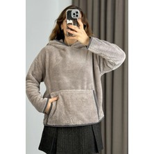 Juuuj Ekru Füme Welsoft Yumuşak Dokulu Kapüşonlu Yaka Kanguru Cepli Şerit Detaylı Sweatshirt