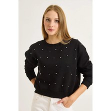 Juuuj Siyah Üç Iplik Kumaş Bisiklet Yaka Rahat Kesim Taş Detaylı Uzun Kollu Sweatshirt