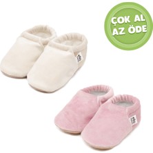 Ella Bonna Kaydırmaz Taban, Kadife Kumaş Ev Botu Bebek Patiği 2'li Ekonomik Paket (Krem-Pudra)