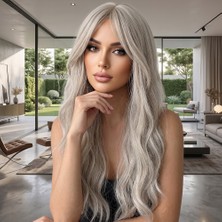 Maxi Trendy Dalgalı Perçemli Uzun Fiber Sentetik Peruk / Küllü Platin Sarı