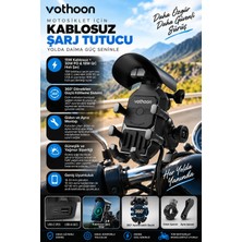 Vothoon Şarjlı Motosiklet Telefon Tutucu Güneş ve Yağmur Korumalı 15W Kablosuz 360° Döner Gidon ve Ayna Bağlantılı