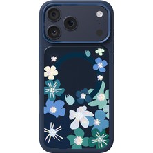 iPhone 18 Pro Uyumlu Kılıf M-Safe Özellikli Çiçek Tasarımlı Mutural Flower Serisi Kapak Lacivert