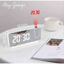 Atay Garage Dijital Projeksiyonlu Beyaz Masa Saati Aynalı Ekran Isı Göstergeli Çalar Saat (18.5-9 Cm)