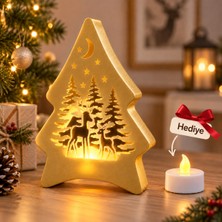 Piyatech LED Işıklı Çam Ağacı Dekoratif Biblo – Geyik ve Yıldız Desenli Yılbaşı Dekorasyonu, Pilli Gece Lambası - Gold