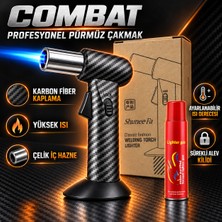 Combat Karbonfiber Kaplama Doldurulabilir 1300 Derece Profesyonel Pürmüz Alev Çakmak + 1 Adet Flash Gaz