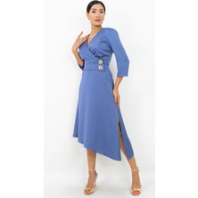 Dorne Moda Özel Koleksiyon Düğme Detaylı Asimetrik Kesim Midi Elbise - Düğün - Mezuniyet - Ofis Şıklığı