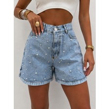 Shevega Buz Mavi Yüksek Bel Inci Detaylı Yırtmaçlı Kadın Denim Şort