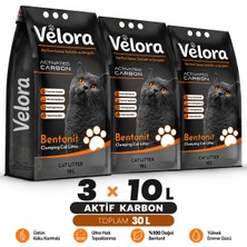Velora Pet 3'lü Kedi Kumu 10 L × 3 – Toplam 30 L – Aktif Karbonlu, Güçlü Topaklanan, Düşük Tozlu