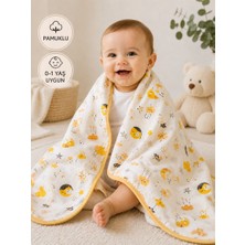 Miniworld Pamuklu Çift Kat Yumuşak Kumaş Günlük Kullanıma Uygun Sarı Baskılı Empirme Unisex Yenidoğan Bebek Battaniyesi 0-1 Yaş