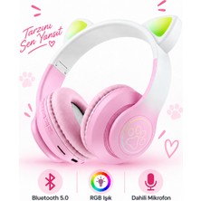 vooka Bluetooth Kulaklık Kedi Kulaklı Bluetooth 5.0 Kulak Üstü Kablosuz Kulaklık Rgb Işıklı Mikrofonlu Tf Kart Destekli