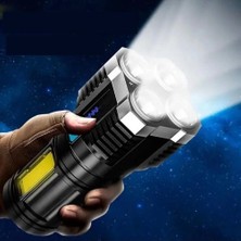 Pileli Store Ultra Parlak El Feneri USB Şarj 4 Led+Yan Cob LED Taktik Günlük Hayat Kamp Avcılık El Feneri