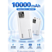 Emia P32-1 10000 Mah 22.5W Hızlı Şarjlı Powerbank, 20W Pd, Dahili Type-C ve Lightning Kablolu, LED Göstergeli – Beyaz