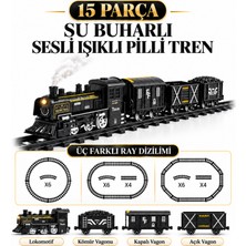 Giffy Oyuncak 15 Parça Su Buharlı Oyuncak Tren Seti Işıklı Sesli Pilli 3 Farklı Ray Dizilimli Lokomotif ve Vagon Seti