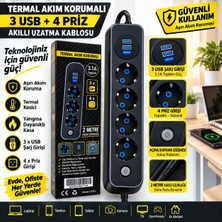 Ever 3 USB + 4 Prizli Akıllı Uzatma Kablosu 2 Metre – 3.1A USB Şarj – Termal Akım Koruma