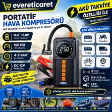 Ever Şarjlı Taşınabilir Araç Akü Takviyeli, Powerbank Destekli Reflektör Ledli 5in1 Oto Hava Pompası 10.000MAH
