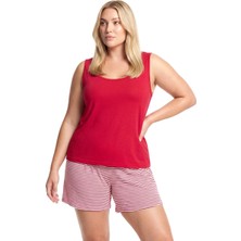 Çamaşır Kenti Kadın Büyük Beden Çizgili Cep Şortlu Pijama Takımı - Kırmızı