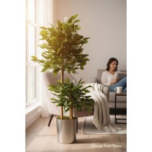 Erhan Flowers Yapay Çiçek Metal Saksıda Benjamin Salon Balkon Ev Ağacı Yeşil Bitkisi Bambu Gövdeli 140-100 cm